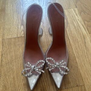 Amina Muaddi Silver Heels with Crystal Bow